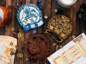 Dungeon master coaster – wooden tabletop gaming coaster with engraved fantasy-themed design