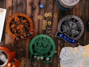 Dungeon master coaster – wooden tabletop gaming coaster with engraved fantasy-themed design