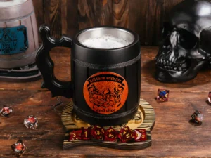 Wooden DnD mug – handcrafted fantasy-themed tankard with engraved design for tabletop role-playing games