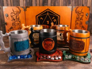Wooden DnD mug – handcrafted fantasy-themed tankard with engraved design for tabletop role-playing games