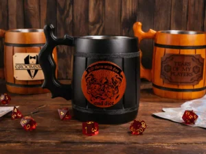 Wooden DnD mug – handcrafted fantasy-themed tankard with engraved design for tabletop role-playing games