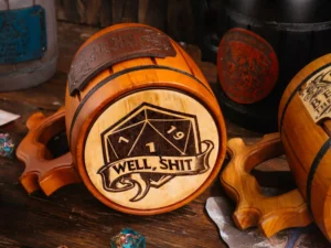 Wooden DnD mug – handcrafted fantasy-themed tankard with engraved design for tabletop role-playing games