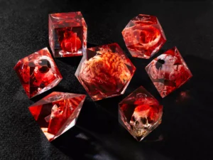 Resin bloody-themed polyhedral dice set for tabletop role-playing games