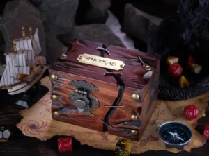 Dice Chest – handcrafted wooden chest for storing tabletop gaming dice with fantasy-themed design