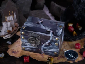 Dice Chest – handcrafted wooden chest for storing tabletop gaming dice with fantasy-themed design