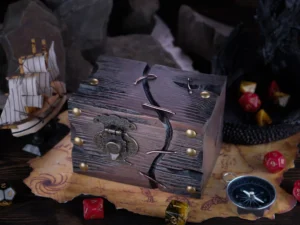 Dice Chest – handcrafted wooden chest for storing tabletop gaming dice with fantasy-themed design