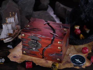 Dice Chest – handcrafted wooden chest for storing tabletop gaming dice with fantasy-themed design