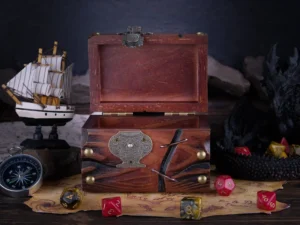 Dice Chest – handcrafted wooden chest for storing tabletop gaming dice with fantasy-themed design