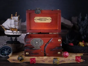 Dice Chest – handcrafted wooden chest for storing tabletop gaming dice with fantasy-themed design