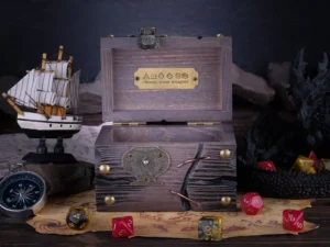 Dice Chest – handcrafted wooden chest for storing tabletop gaming dice with fantasy-themed design