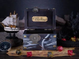 Dice Chest – handcrafted wooden chest for storing tabletop gaming dice with fantasy-themed design