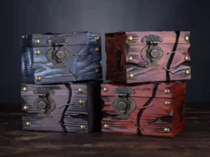 Dice Chest – handcrafted wooden chest for storing tabletop gaming dice with fantasy-themed design
