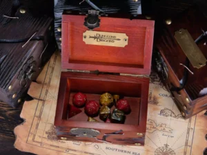 Dice Chest – handcrafted wooden chest for storing tabletop gaming dice with fantasy-themed design