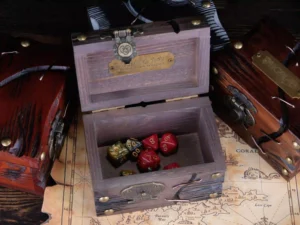Dice Chest – handcrafted wooden chest for storing tabletop gaming dice with fantasy-themed design
