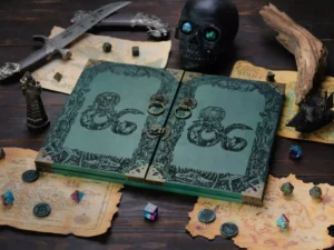 Wooden DM screen with engraved design and tabletop RPG accessories