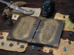 Wooden DM screen with engraved design and tabletop RPG accessories