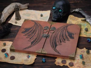 Wooden DM screen with engraved design and tabletop RPG accessories