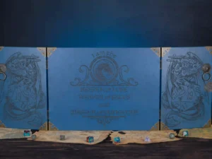 Wooden DM screen with engraved design and tabletop RPG accessories