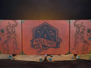 Wooden DM screen with engraved design and tabletop RPG accessories