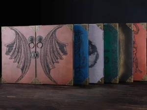Wooden DM screen with engraved design and tabletop RPG accessories