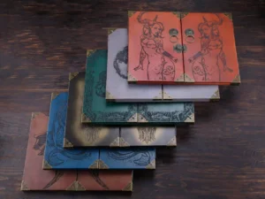 Wooden DM screen with engraved design and tabletop RPG accessories