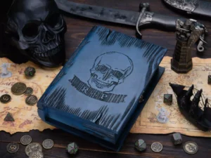 Dice Box Relic – handcrafted wooden dice storage with engraved fantasy emblem