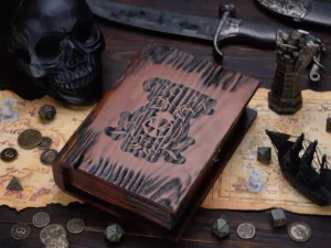 Dice Box Relic – handcrafted wooden dice storage with engraved fantasy emblem