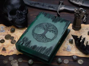 Dice Box Relic – handcrafted wooden dice storage with engraved fantasy emblem