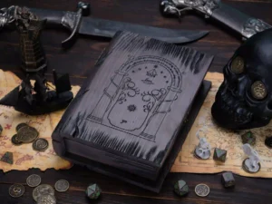 Dice Box Relic – handcrafted wooden dice storage with engraved fantasy emblem