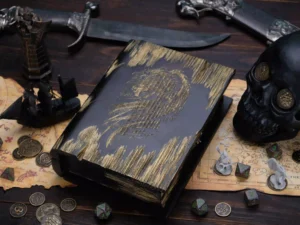 Dice Box Relic – handcrafted wooden dice storage with engraved fantasy emblem