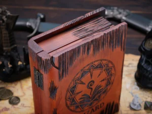 Dice Box Relic – handcrafted wooden dice storage with engraved fantasy emblem
