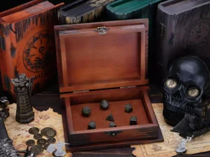 Dice Box Relic – handcrafted wooden dice storage with engraved fantasy emblem