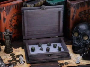 Dice Box Relic – handcrafted wooden dice storage with engraved fantasy emblem