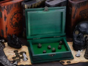 Dice Box Relic – handcrafted wooden dice storage with engraved fantasy emblem