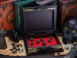 Dice Box Relic – handcrafted wooden dice storage with engraved fantasy emblem