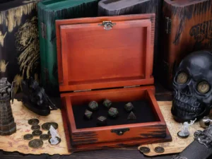 Dice Box Relic – handcrafted wooden dice storage with engraved fantasy emblem