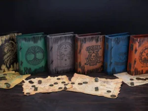 Dice Box Relic – handcrafted wooden dice storage with engraved fantasy emblem