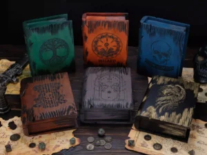 Dice Box Relic – handcrafted wooden dice storage with engraved fantasy emblem