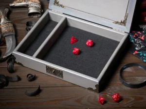 Dice Box Solo – handcrafted wooden dice storage case with engraved design for tabletop gaming
