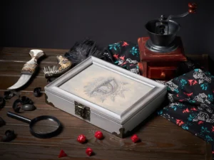 Dice Box Solo – handcrafted wooden dice storage case with engraved design for tabletop gaming