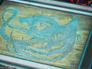 Dice Box Solo – handcrafted wooden dice storage case with engraved design for tabletop gaming