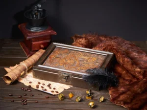 Dice Box Solo – handcrafted wooden dice storage case with engraved design for tabletop gaming