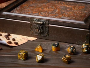 Dice Box Solo – handcrafted wooden dice storage case with engraved design for tabletop gaming