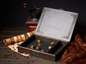 Dice Box Solo – handcrafted wooden dice storage case with engraved design for tabletop gaming