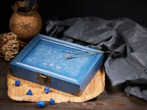 Dice Box Solo – handcrafted wooden dice storage case with engraved design for tabletop gaming