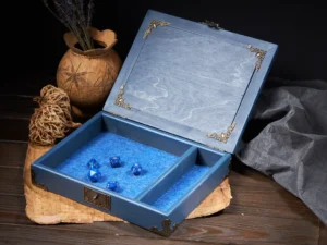 Dice Box Solo – handcrafted wooden dice storage case with engraved design for tabletop gaming