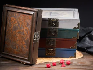 Dice Box Solo – handcrafted wooden dice storage case with engraved design for tabletop gaming