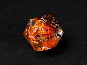 Resin dragon-themed polyhedral dice set for tabletop role-playing games