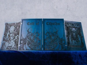 Wooden DM screen box with engraved design for tabletop role-playing games