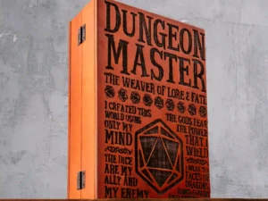 Wooden DM screen box with engraved design for tabletop role-playing games